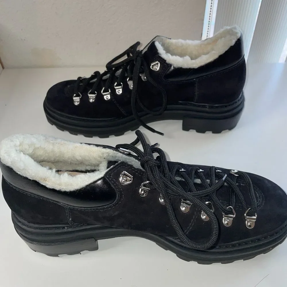 NEW Schutz Lug Boot Faux Shearling Suede Ankle  9.5 Lucille Chunky Black Lace Up